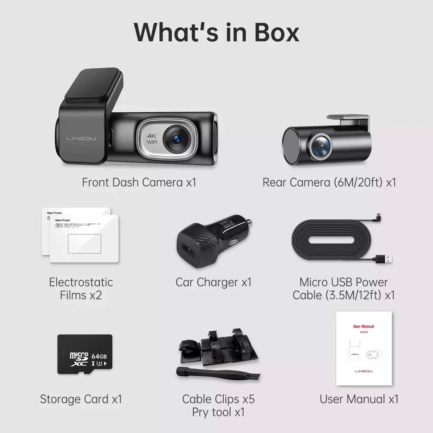 LINGDU D600 4K Dash Cam Front and Rear