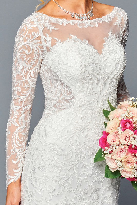 Boat Neck Illusion Long Sleeve Trumpet Gown