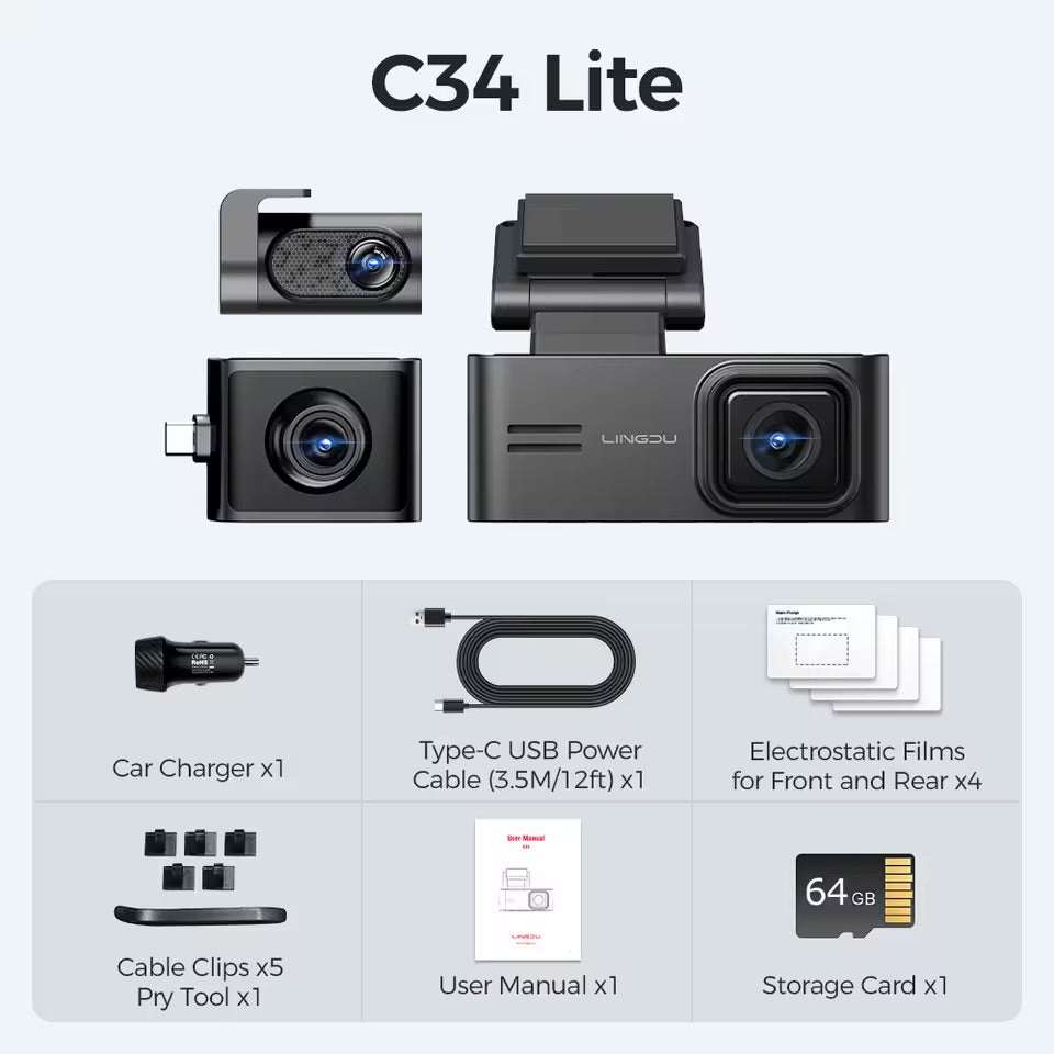 LINGDU C34 4K 3-Channel Dash Cam | Built-in WiFi GPS