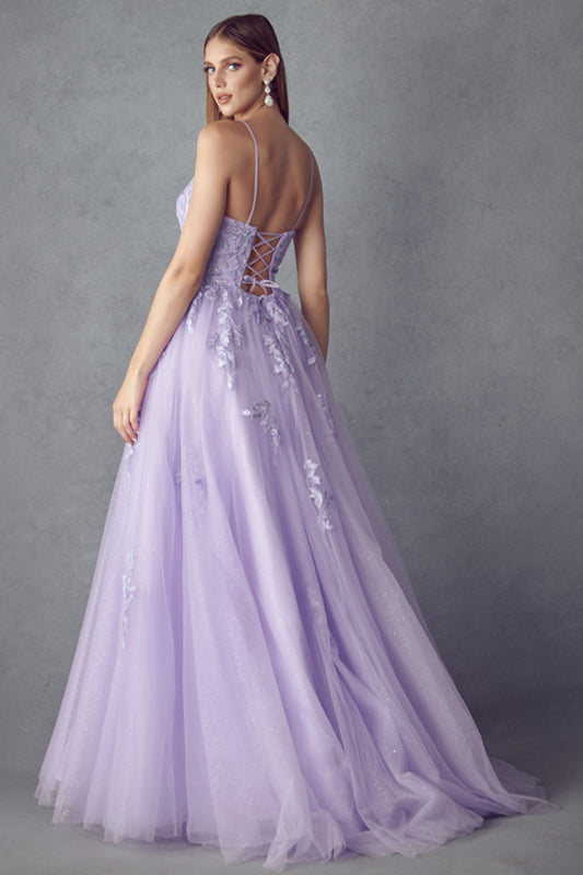 Floral Applique Tulle Prom Ball Gown