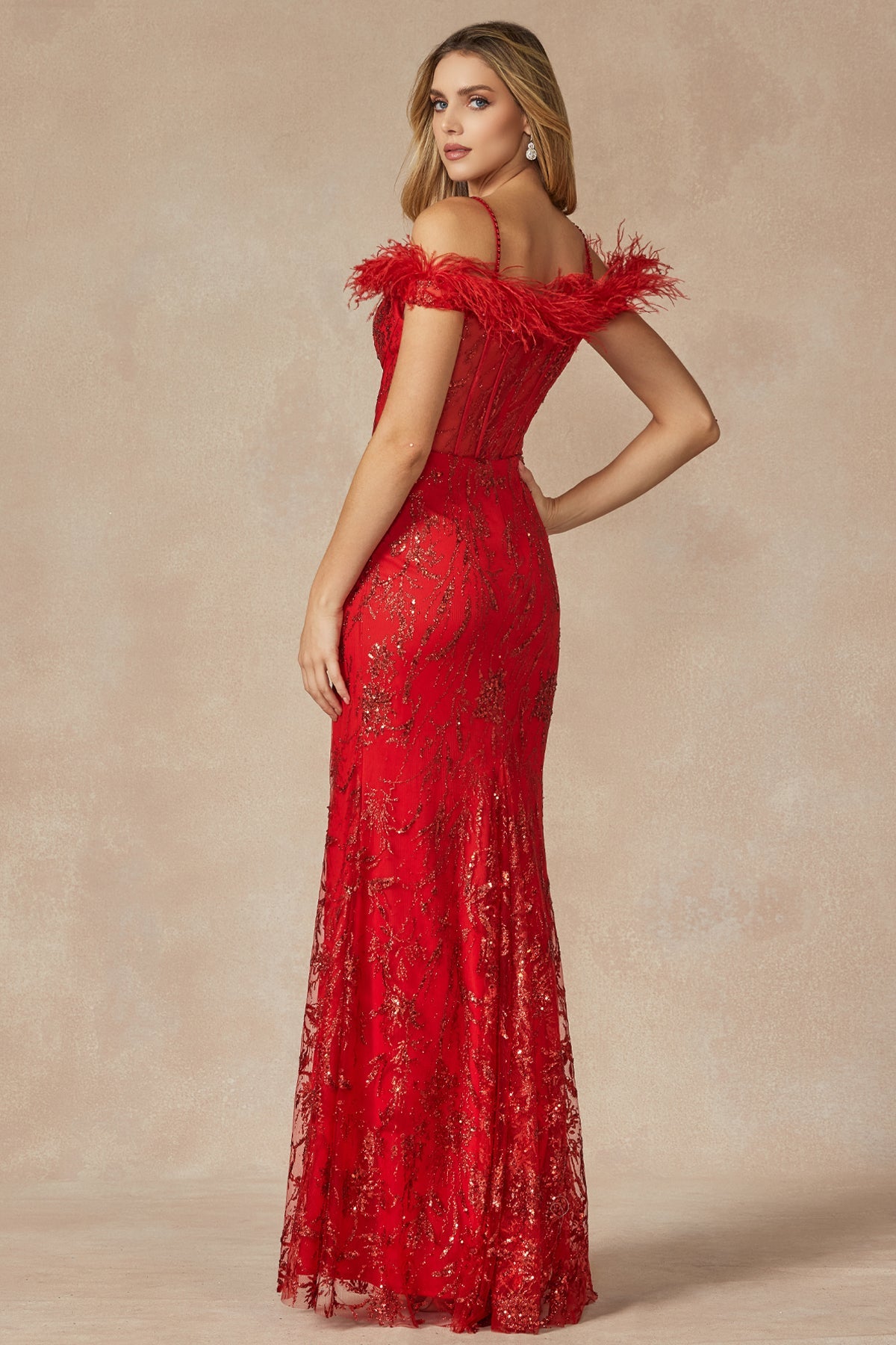 Glitter Leaf Sequin Gown With Feathered Sleeves