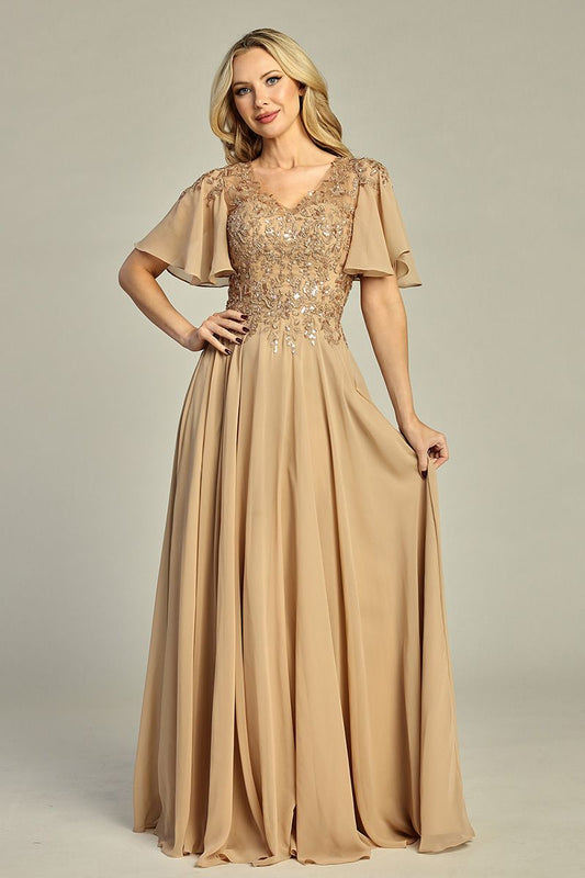 Chiffon A-Line Beaded Lace Bodice Dress - 5 Colors Available