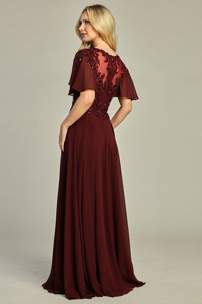 Chiffon A-Line Beaded Lace Bodice Dress - 5 Colors Available