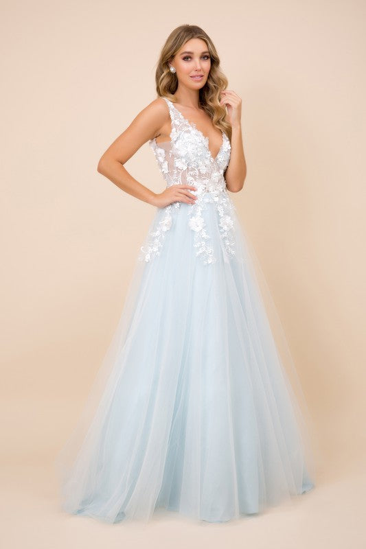 A-Line V-Neck Floor-Length Tulle Ball Gown