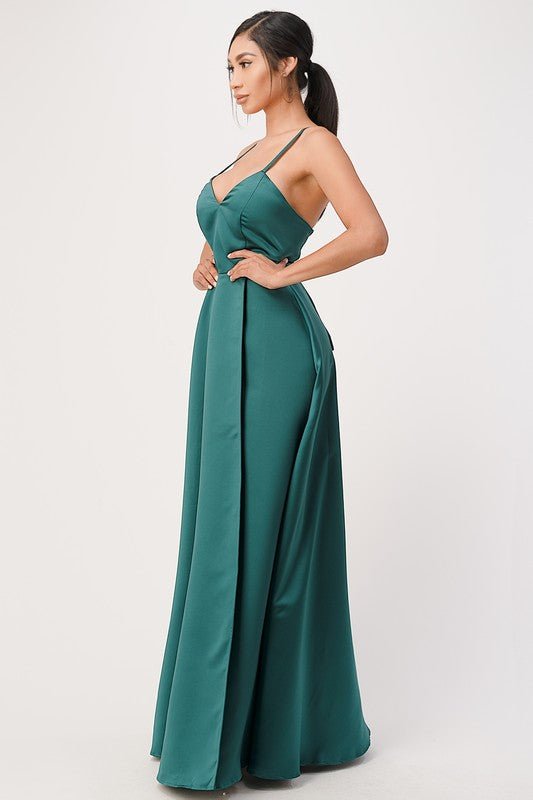 Open Side Back Spaghetti Zig Zag Tie Satin Gown