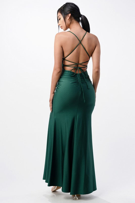 Back Lace-Up Mermaid Dress With Waist Shirring