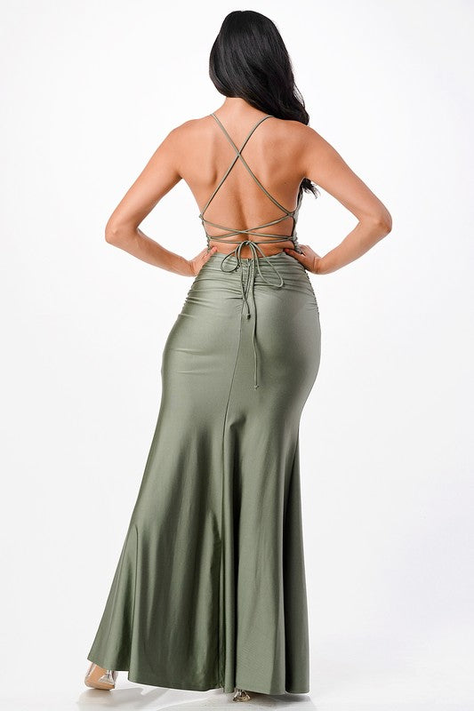Back Lace-Up Mermaid Dress With Waist Shirring