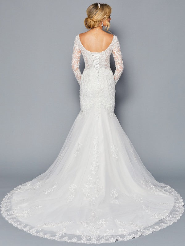Boat Neck Illusion Long Sleeve Trumpet Gown