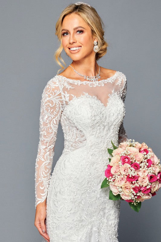 Boat Neck Illusion Long Sleeve Trumpet Gown