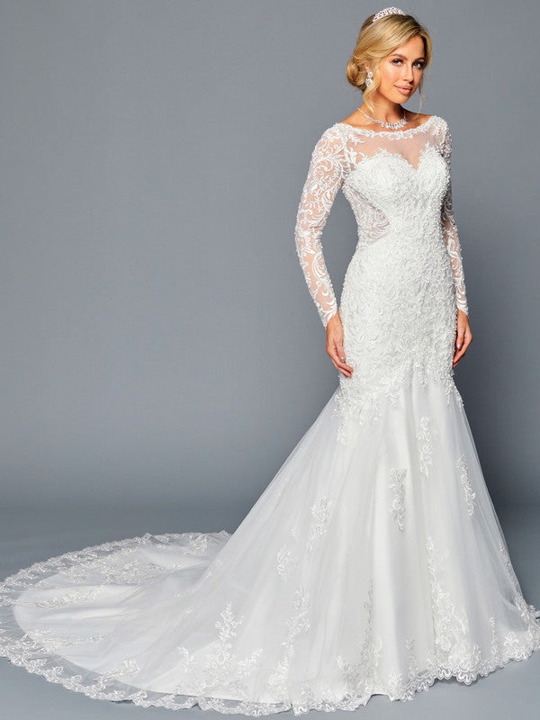 Boat Neck Illusion Long Sleeve Trumpet Gown