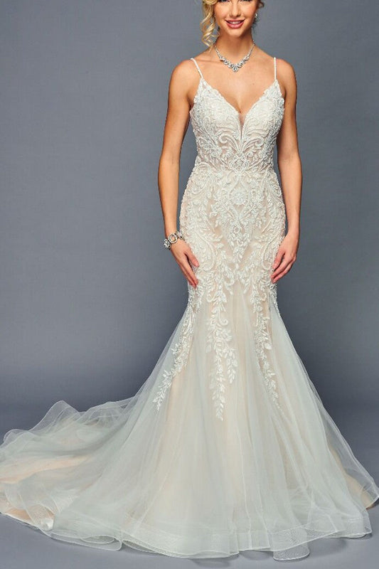 Spaghetti Straps V-Neckline Mermaid Court Train Wedding Dress