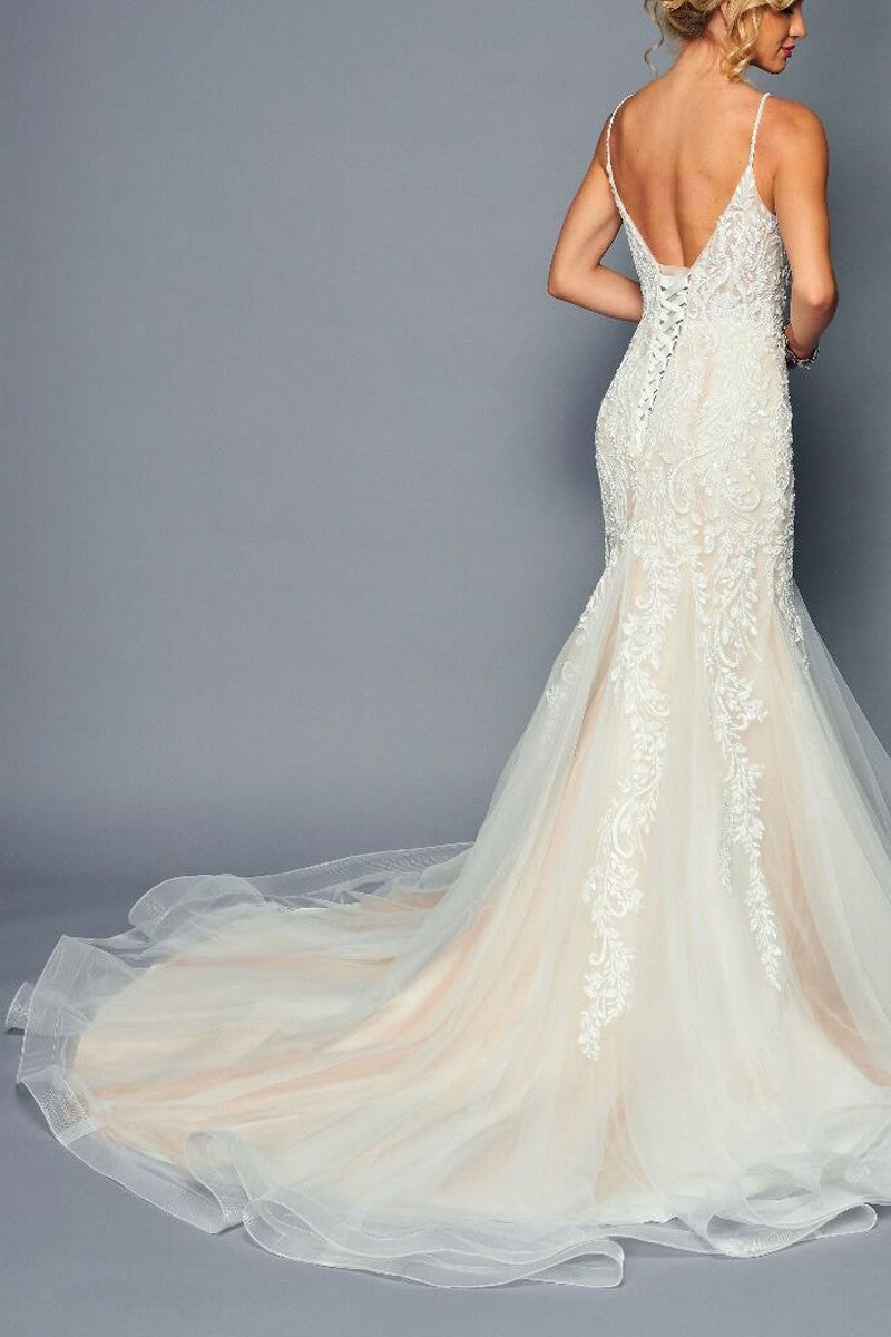 Spaghetti Straps V-Neckline Mermaid Court Train Wedding Dress
