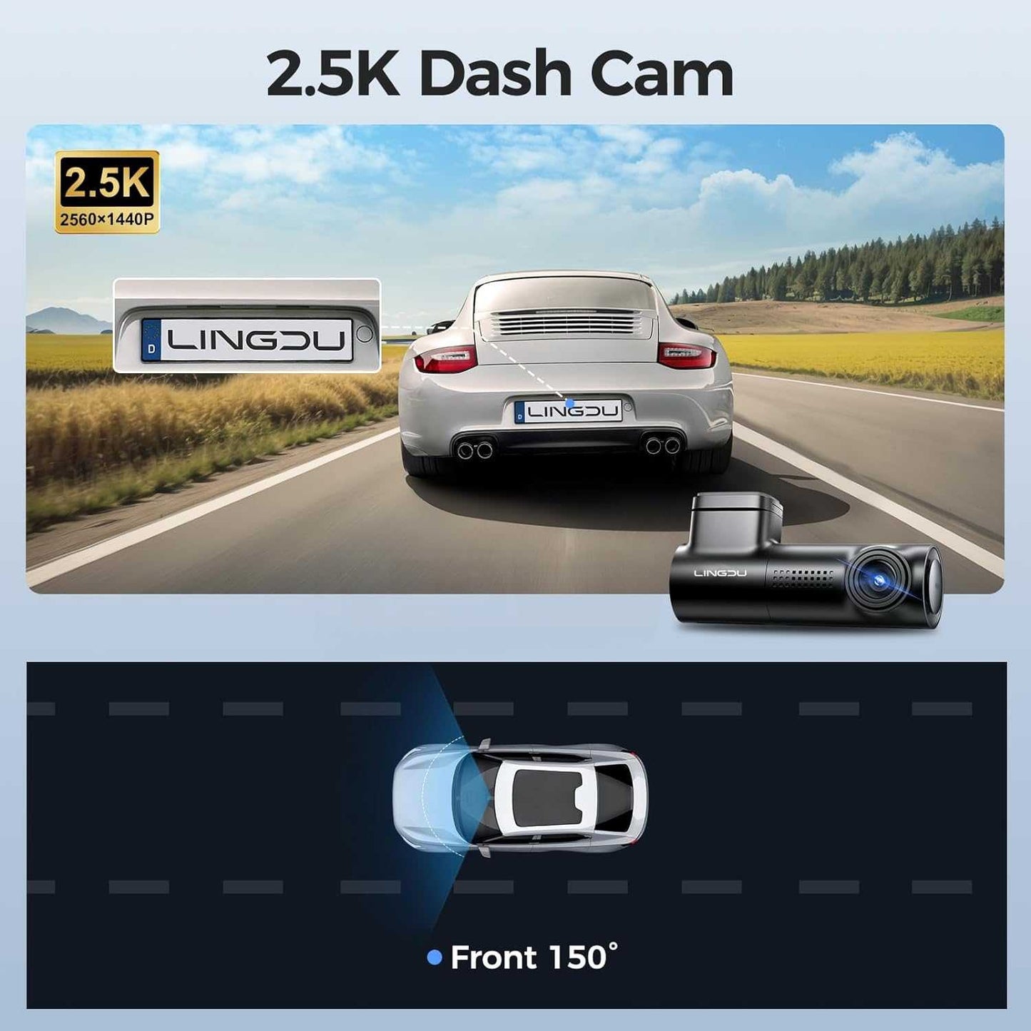 LINGDU D100 2.5K Front Dash Cam | WiFi Voice Control WDR Night Vision