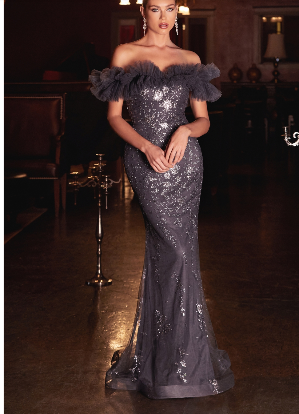 Off The Shoulder Gathered Tulle Gown