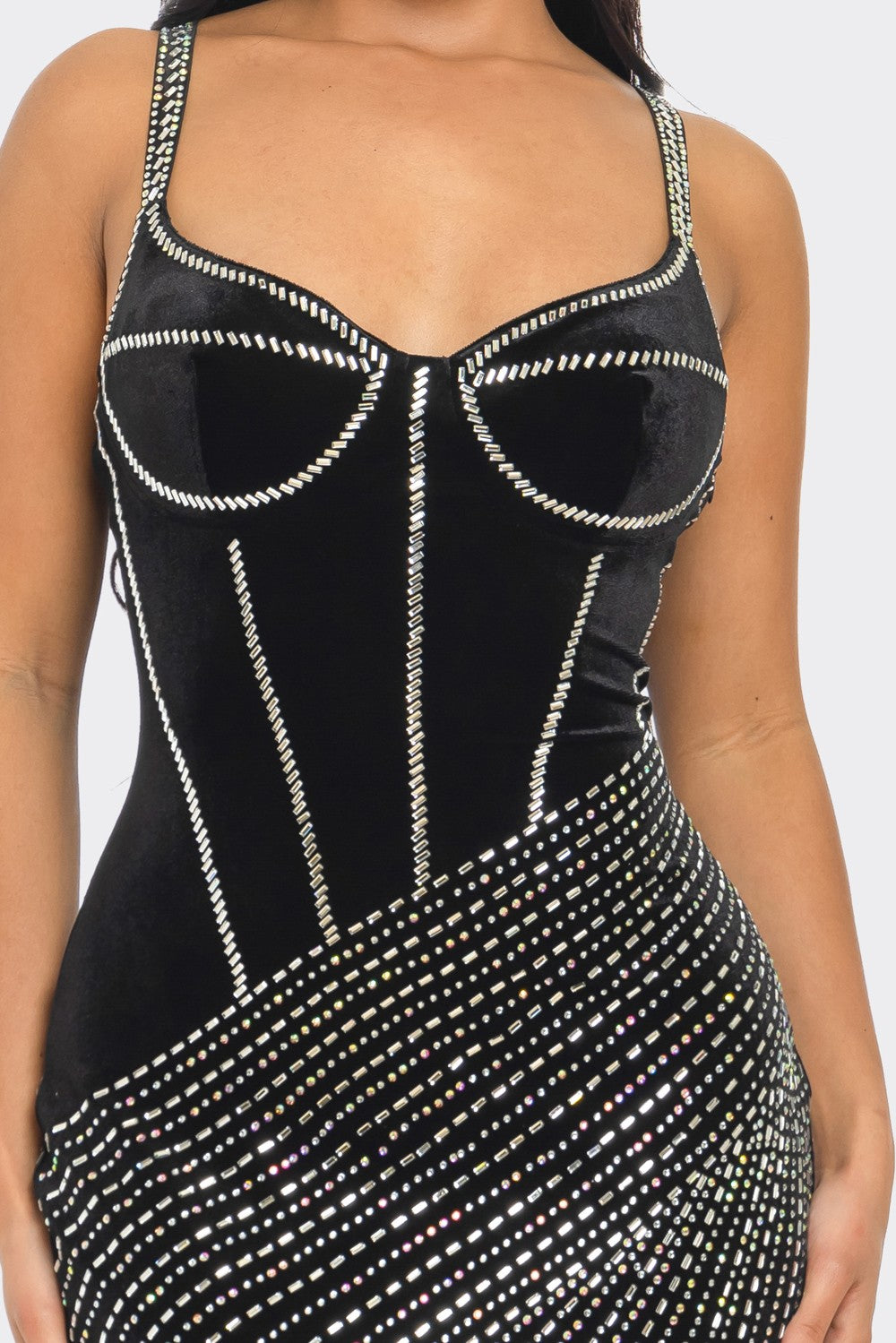 Bustier Printed Rhinestone Velvet Maxi Dress