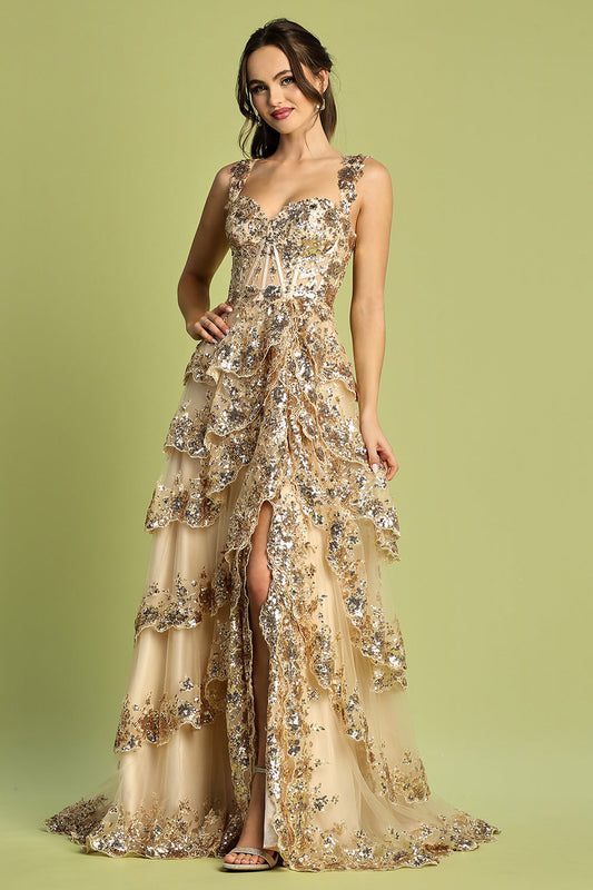 Tiered Ruffle A-Line Dress With Lace-Up Corset Back