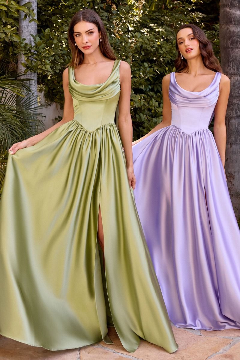 Pleated Neckline, Thin Straps & Leg Slit Gown