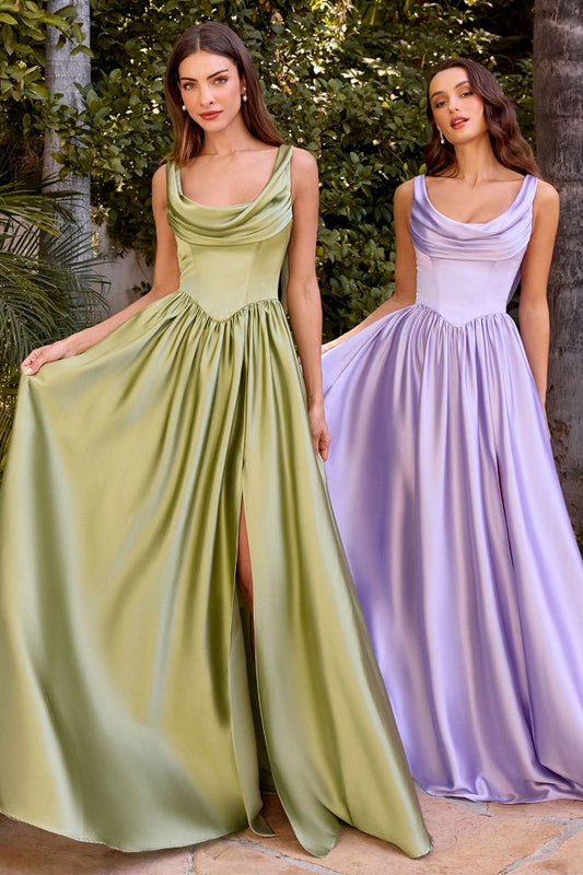 Pleated Neckline, Thin Straps & Leg Slit Gown