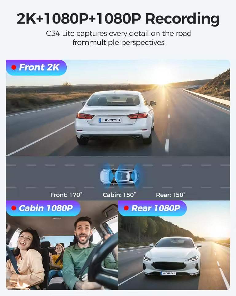 LINGDU C34 4K 3-Channel Dash Cam | Built-in WiFi GPS