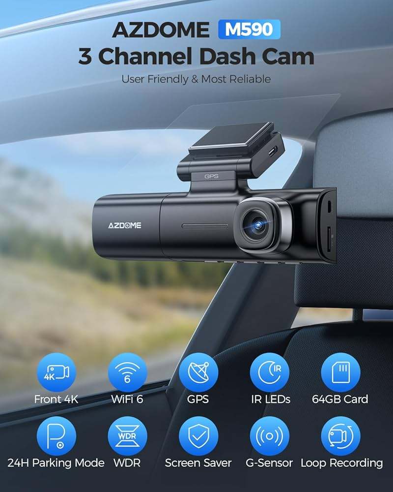 AZDOME M590 3-Channel Dash Cam | 4K WiFi 6 GPS IR Night Vision 64GB