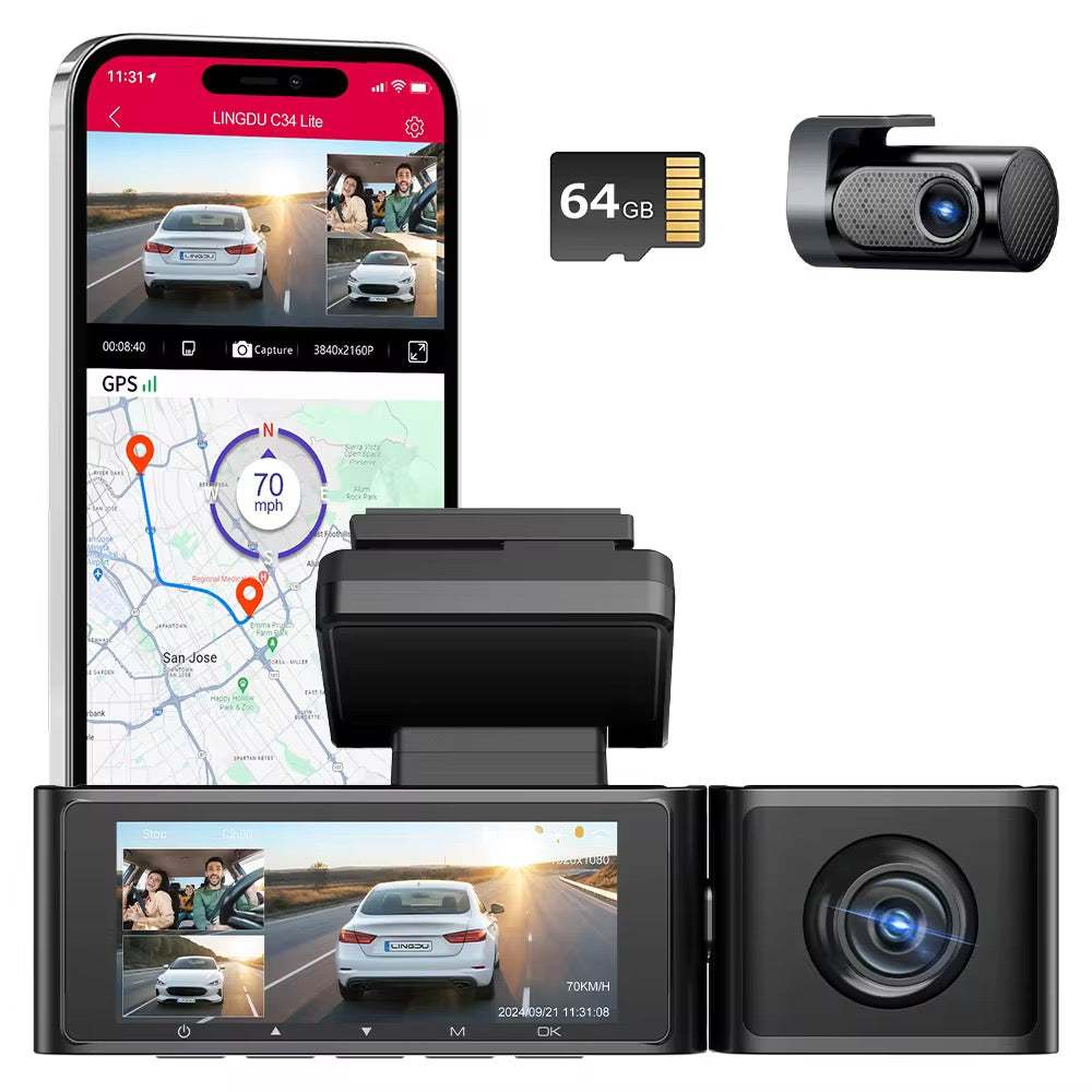 LINGDU C34 4K 3-Channel Dash Cam | Built-in WiFi GPS