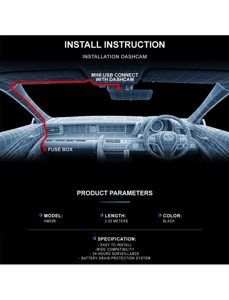 AZDOME HM03R Hardwire KIT mini USB type suport Dash Cam Models M550, GS63H, M17 , AR08, AR12, M63