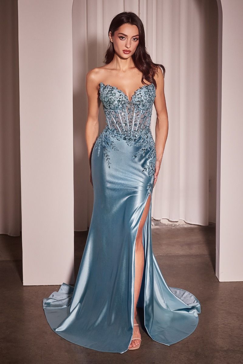 Satin & Lace Strapless Fitted Gown - 5 Colors Available