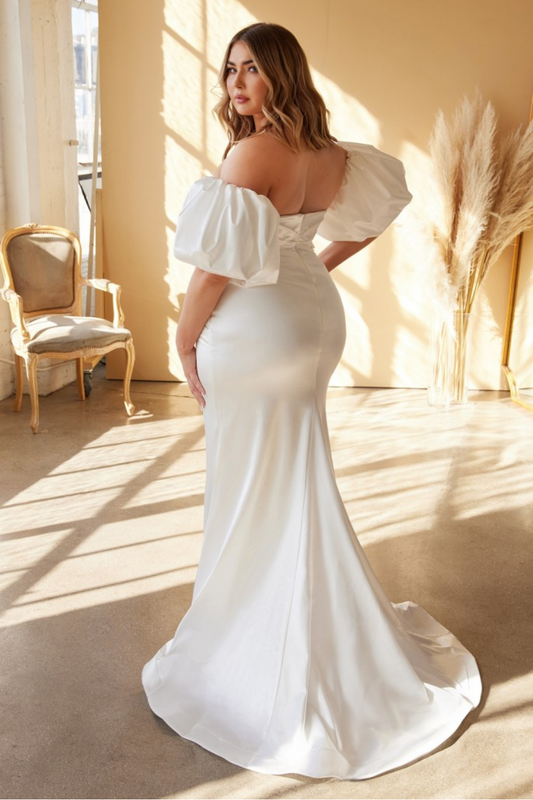 Fitted Satin Strapless Gown With Puff Sleeves
