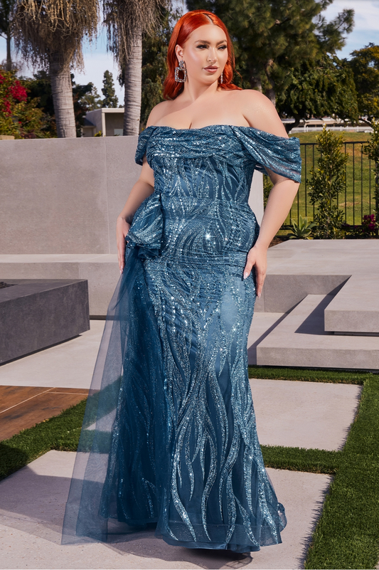 Fitted Glitter Print Off The Shoulder Gown