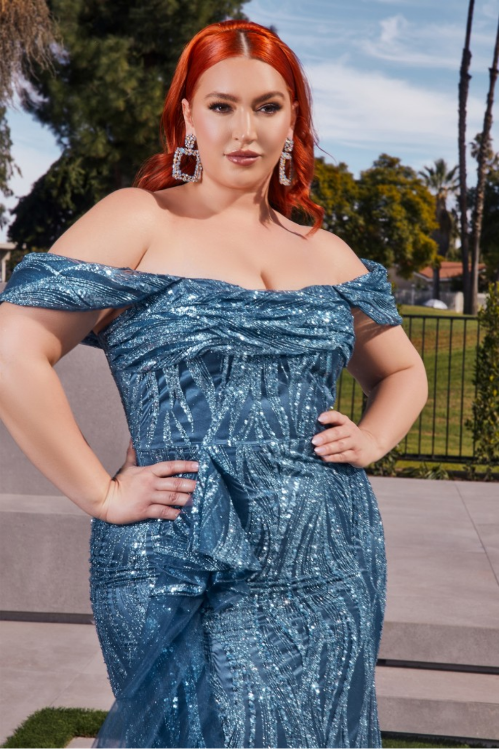 Fitted Glitter Print Off The Shoulder Gown