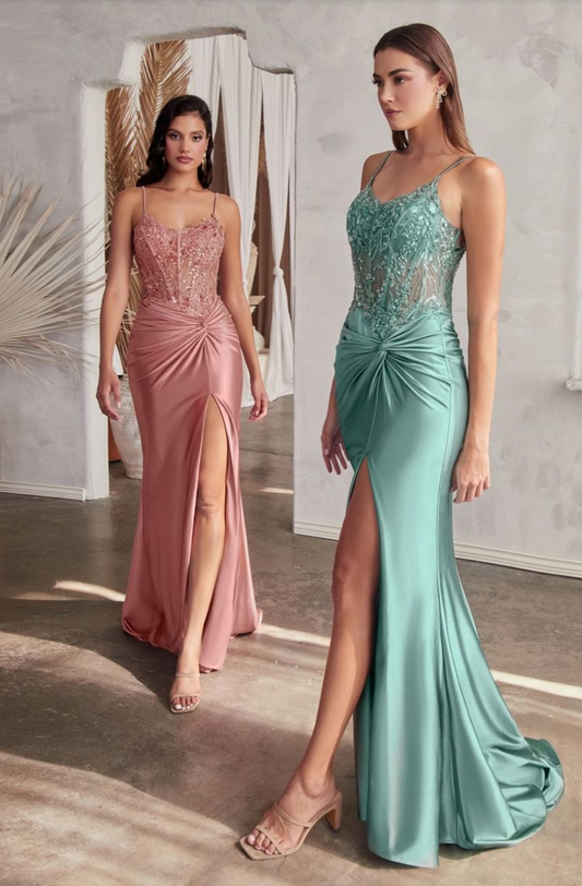 Fitted Satin Gown With Embellished Bodice