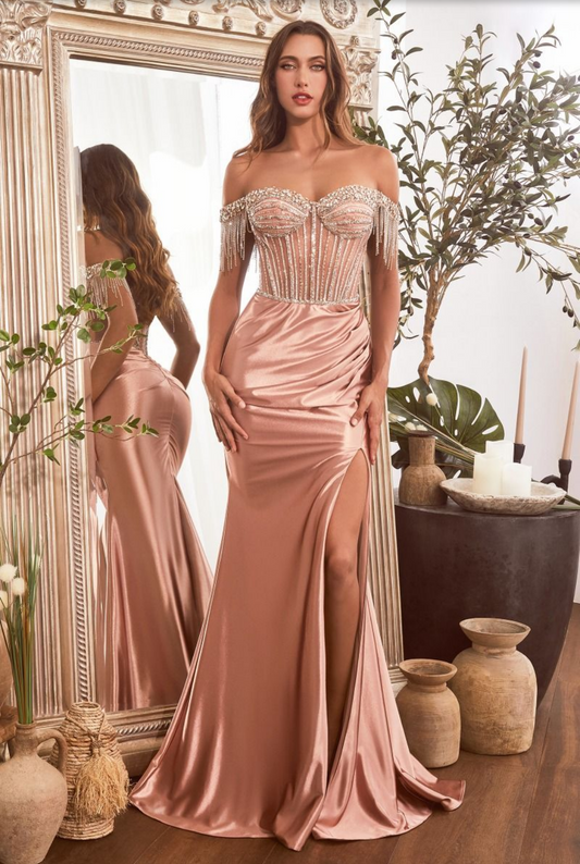 Embellished Off The Shoulder Satin Gown - Style 2