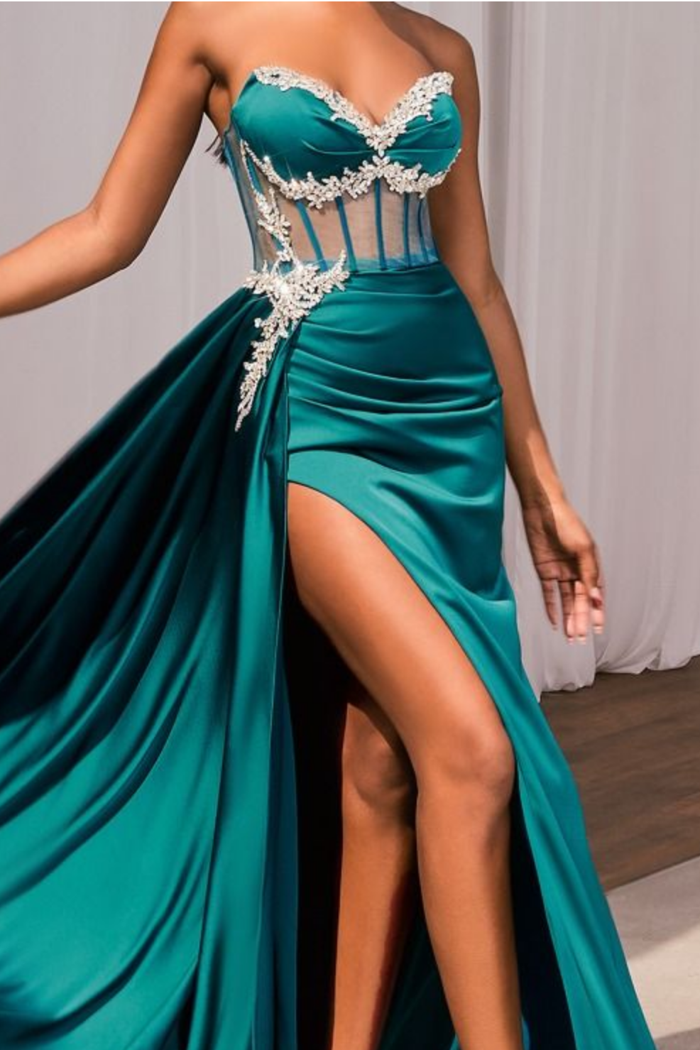 Satin Fitted Gown With Embellishment