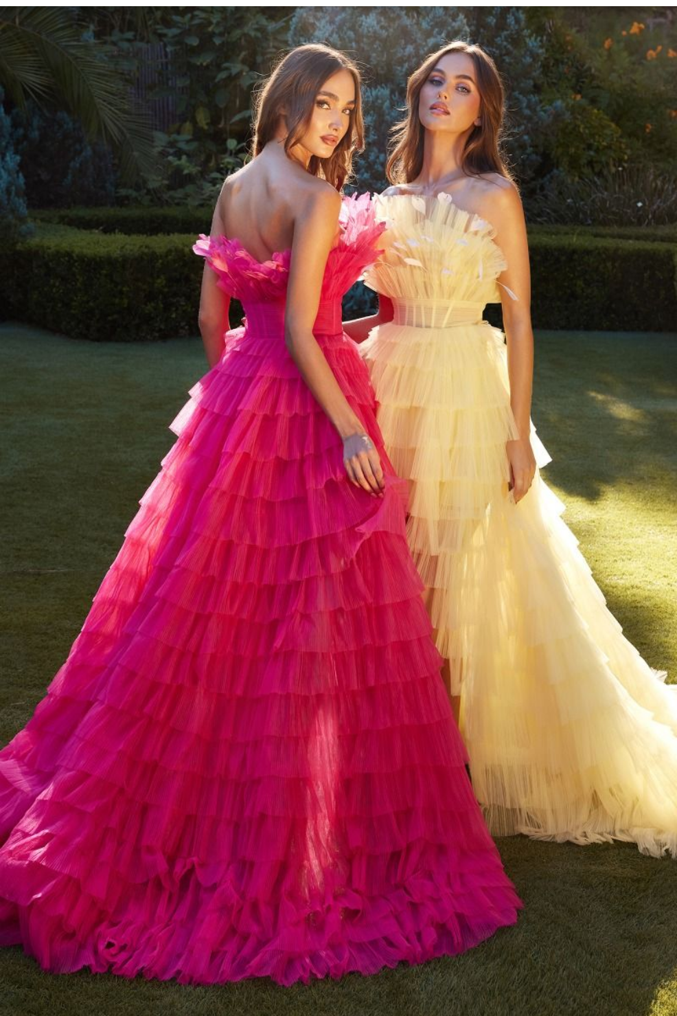 High Low Ruffled Tulle Gown With Feather Details