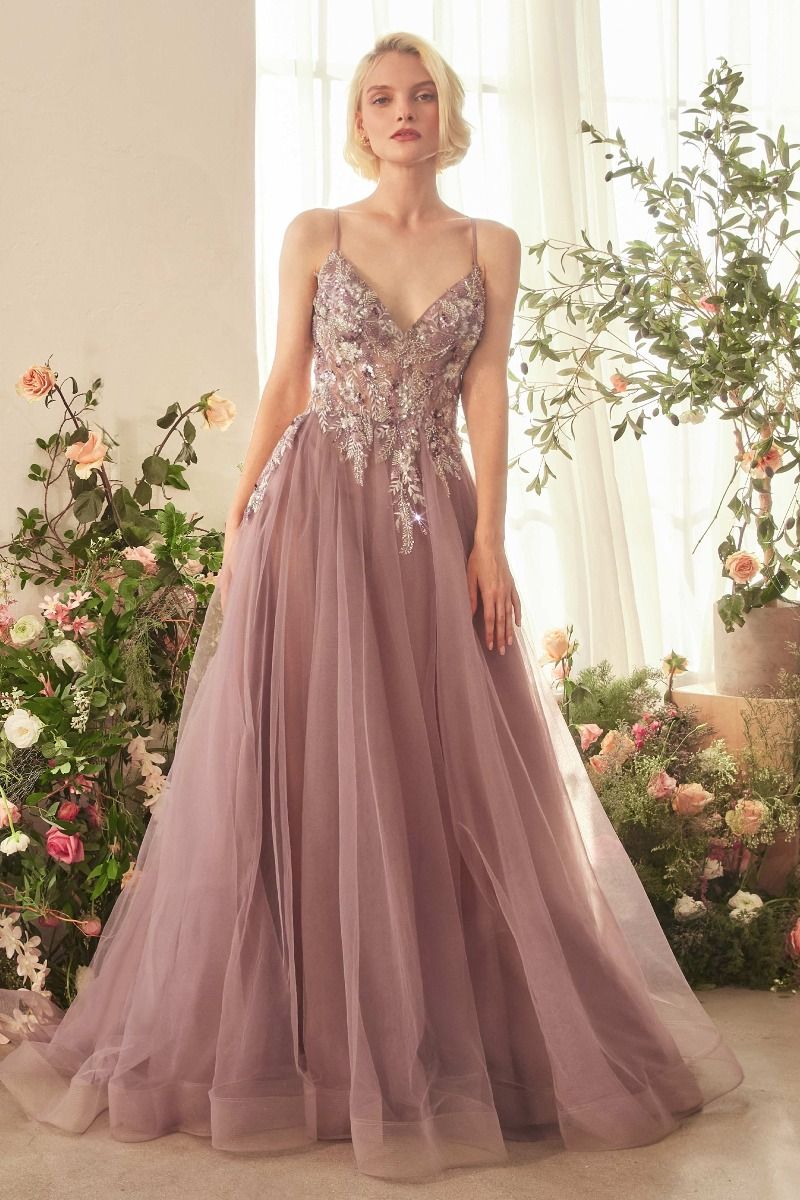 English Violet A-Line Layered Tulle Gown