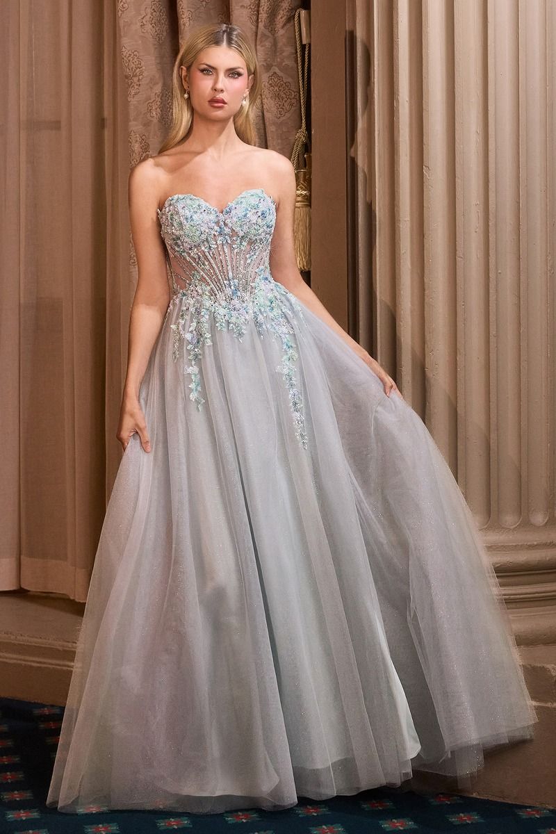 Delicate Beaded Floral Motif & Layered Glitter Tulle Gown