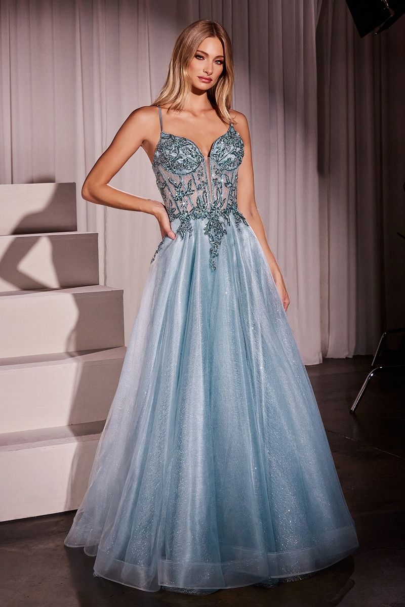 A-Line Layered Tulle Gown With Lace Embellished Bodice