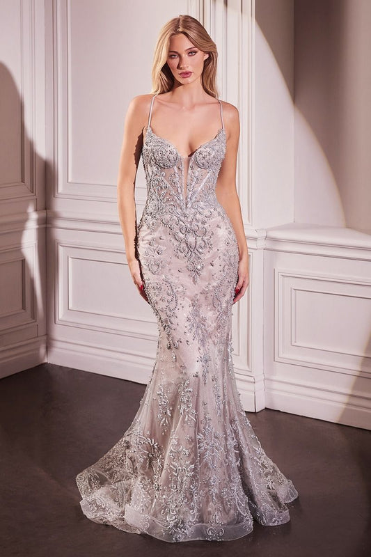 Pearl & Lace Embellished Fit & Flare Gown With Lace-Up Corset Back