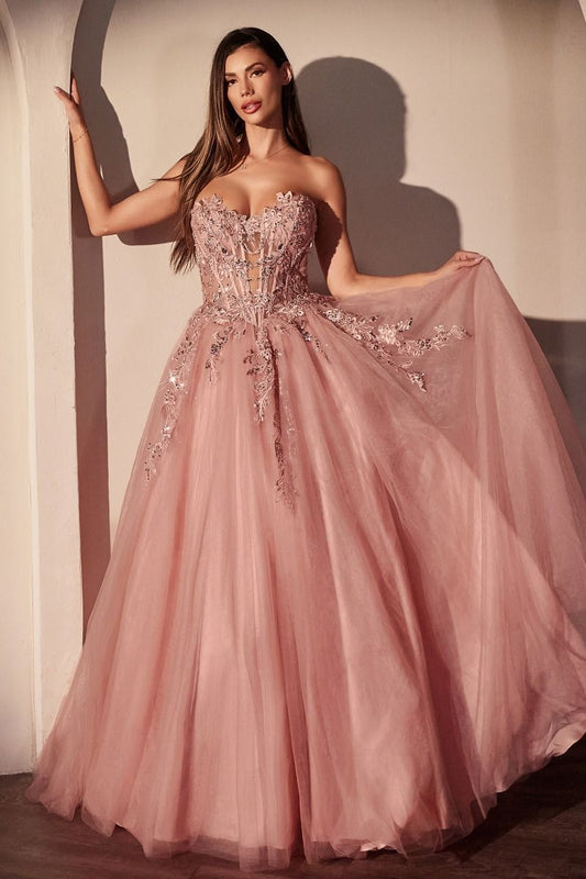 Pink Ball Gown With Floral Appliqué
