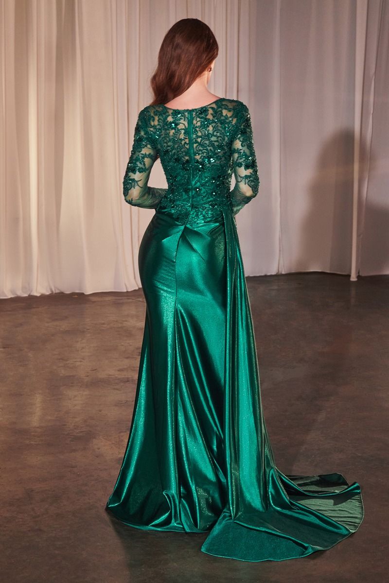 Long Sleeve Lace & Satin Fitted Gown