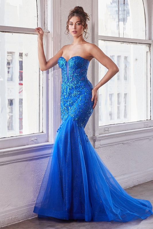Strapless Embellished Mermaid Gown - Royal Blue
