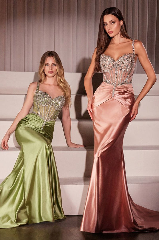 Crystal Embellishment & Soft Stretch Satin Gown - 4 New Colors