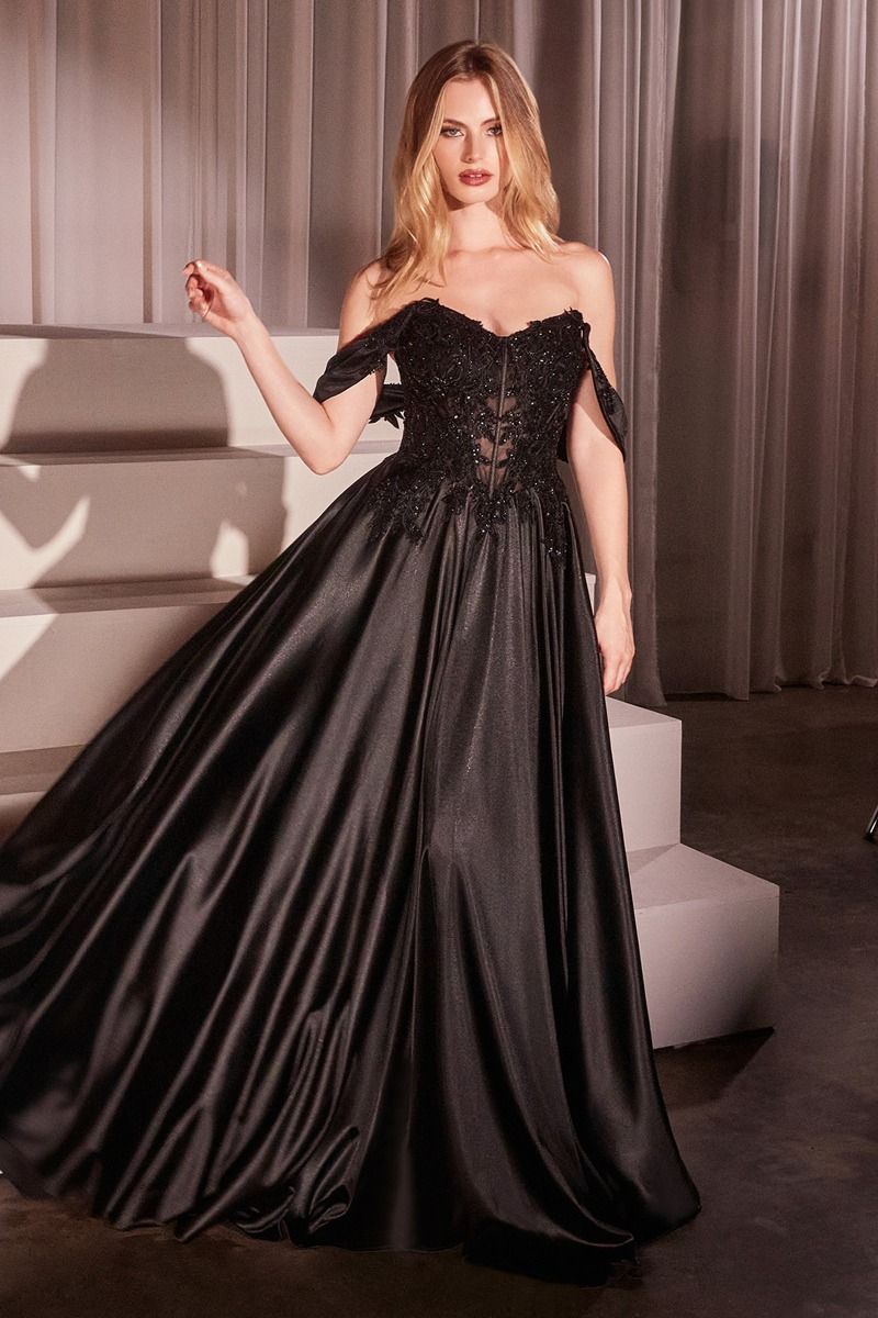 Off The Shoulder Lace & Satin A-Line Dress