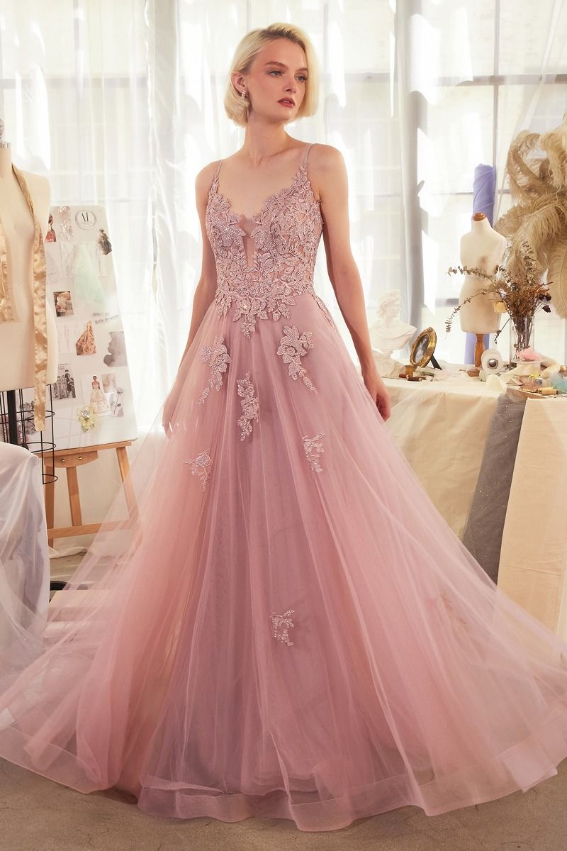 Lace Appliqued A-Line Layered Tulle Gown With V-Neckline