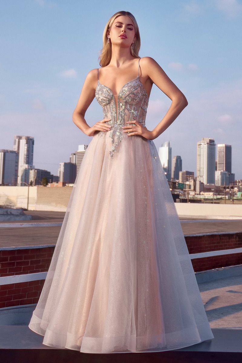 A-Line Layered Tulle Gown With Lace Embellished Bodice