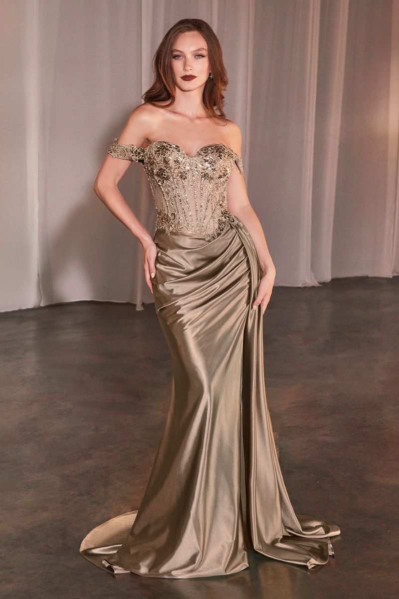 Off The Shoulder Lace & Satin Fitted Gown - Style 2