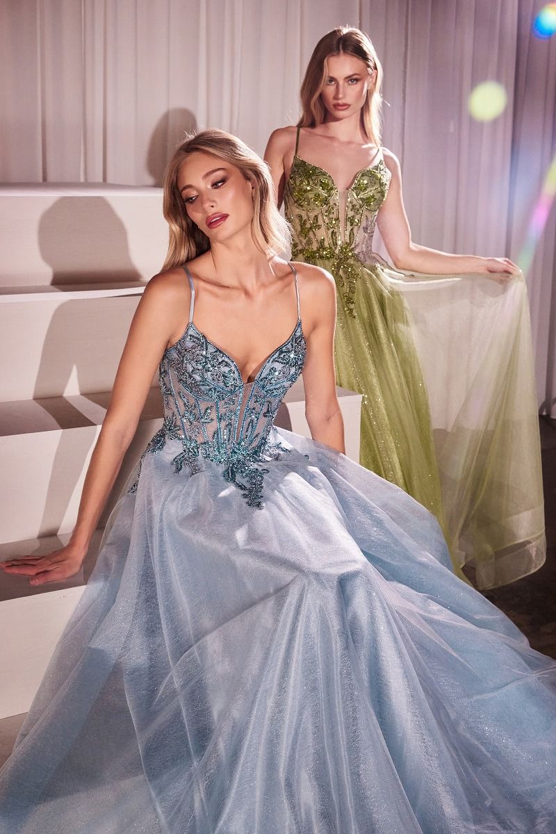 A-Line Layered Tulle Gown With Lace Embellished Bodice